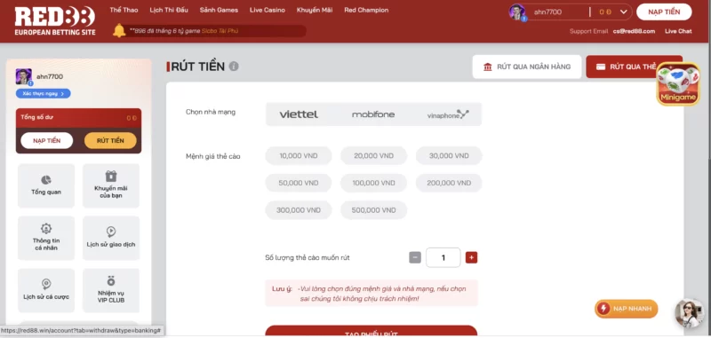 Rút thẻ cào được ưa chuộng nhất tại Red88